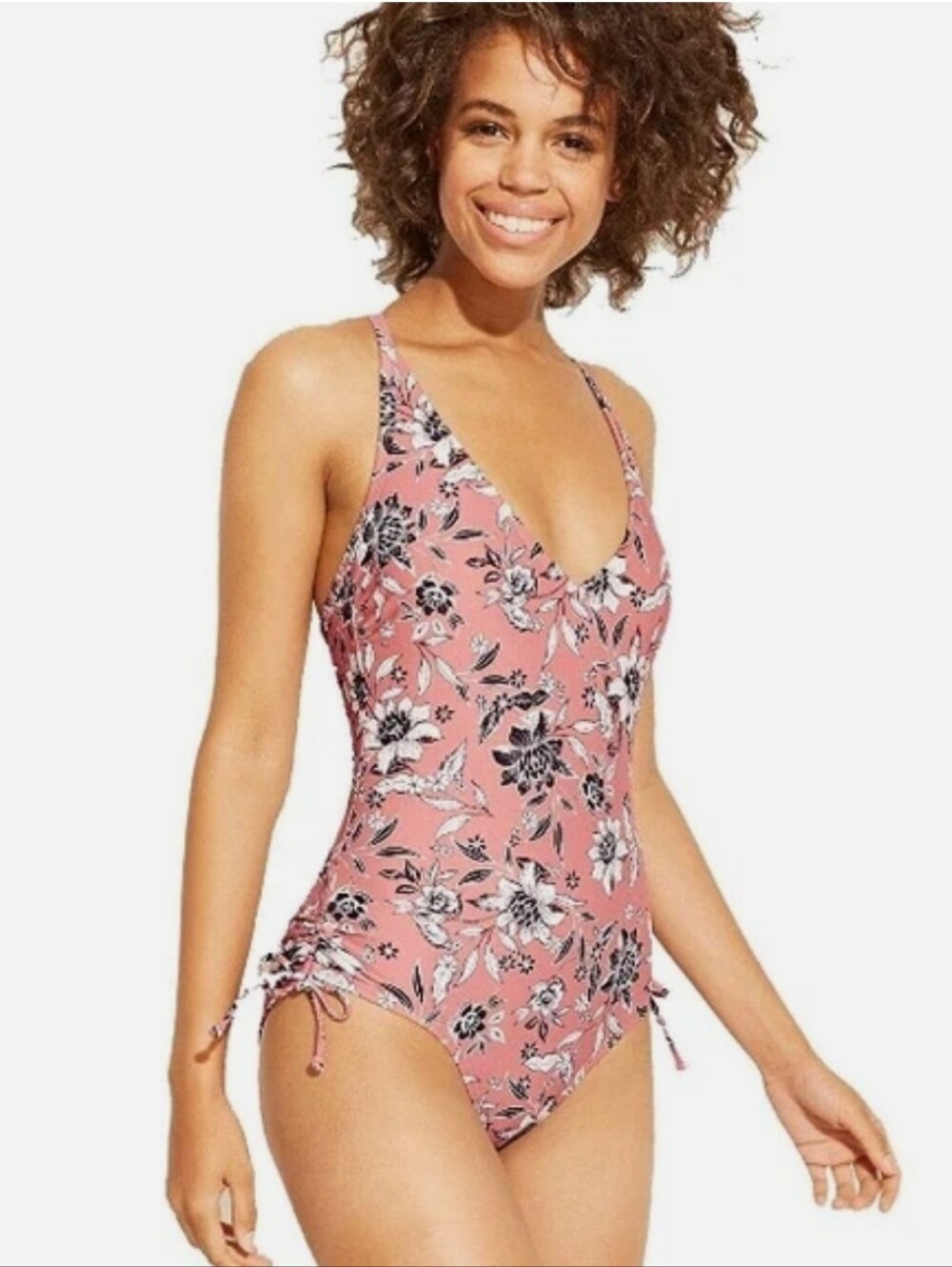 #K50 Pink Floral One-Piece Swimsuit with Side Ties